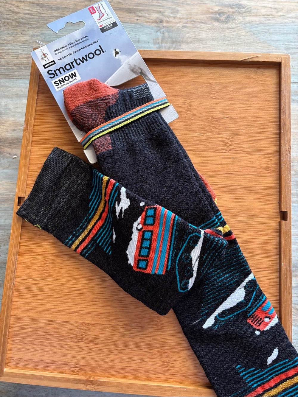 Smartwool Men's Black Snow Socks with Orange Teal and White Ski Bus Pattern